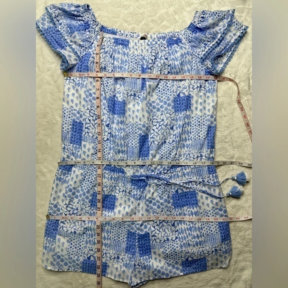 Vineyard Vines Painted Patchwork Ruffle Off The Shoulder Romper in Hydrangea L